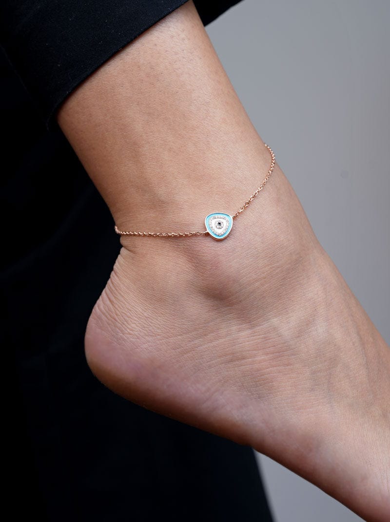 Curvilinear Triangle Sky Blue Evil Eye (Single) Anklet (Pure Silver)