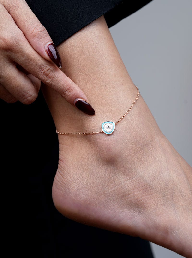 Curvilinear Triangle Sky Blue Evil Eye (Single) Anklet (Pure Silver)