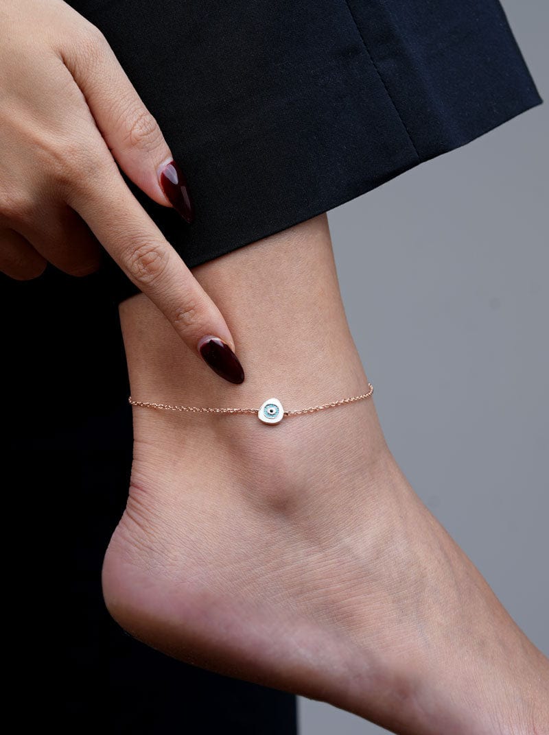 White Enamel Evil Eye (Single) Anklet (Pure Silver)