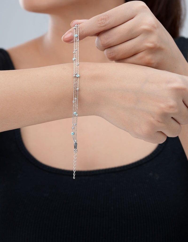 Triple Layered Sky Blue Mini Evil Eye Bracelet Silver