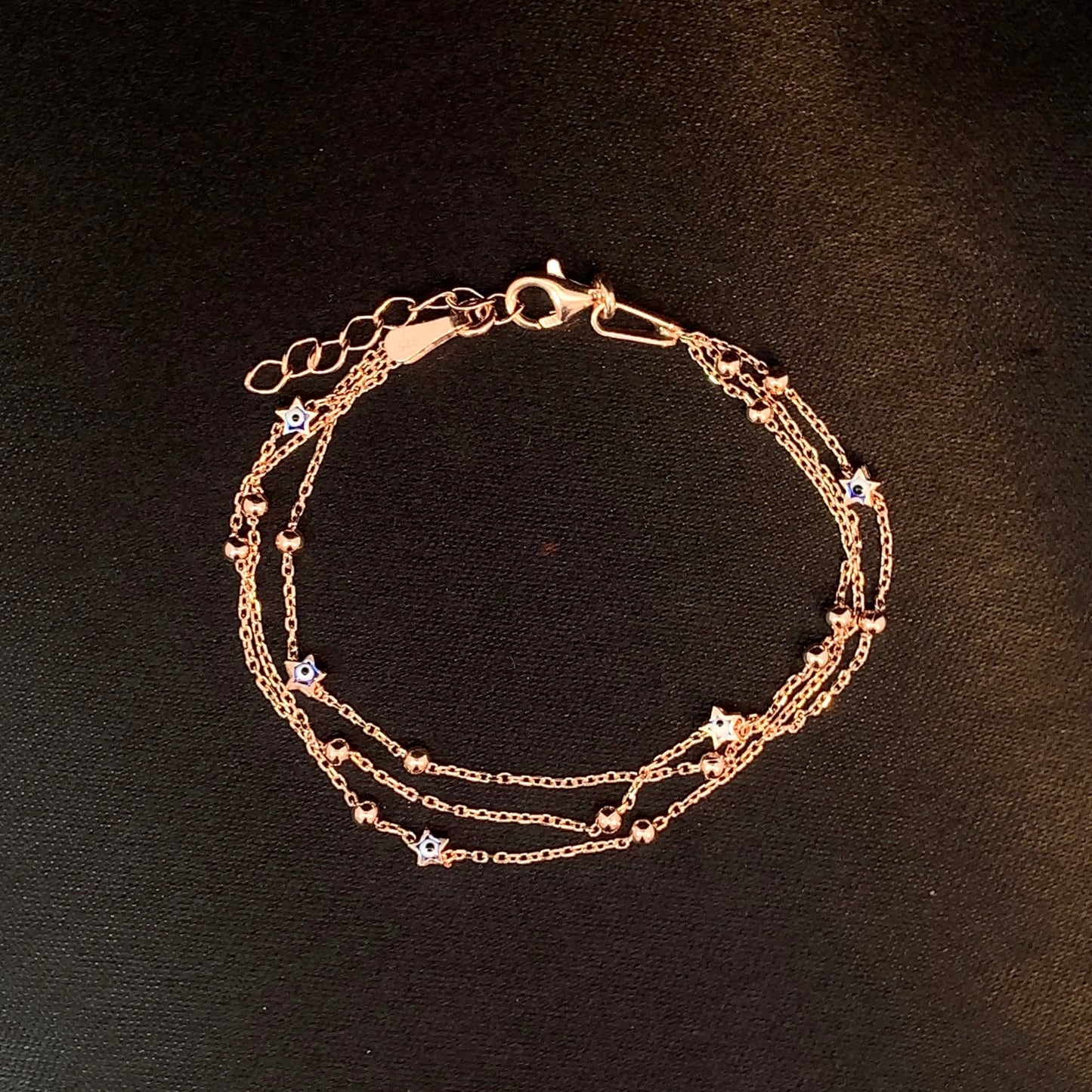 Triple Layer Cobalt Blue Star Evil Eye Bracelet Rose Gold
