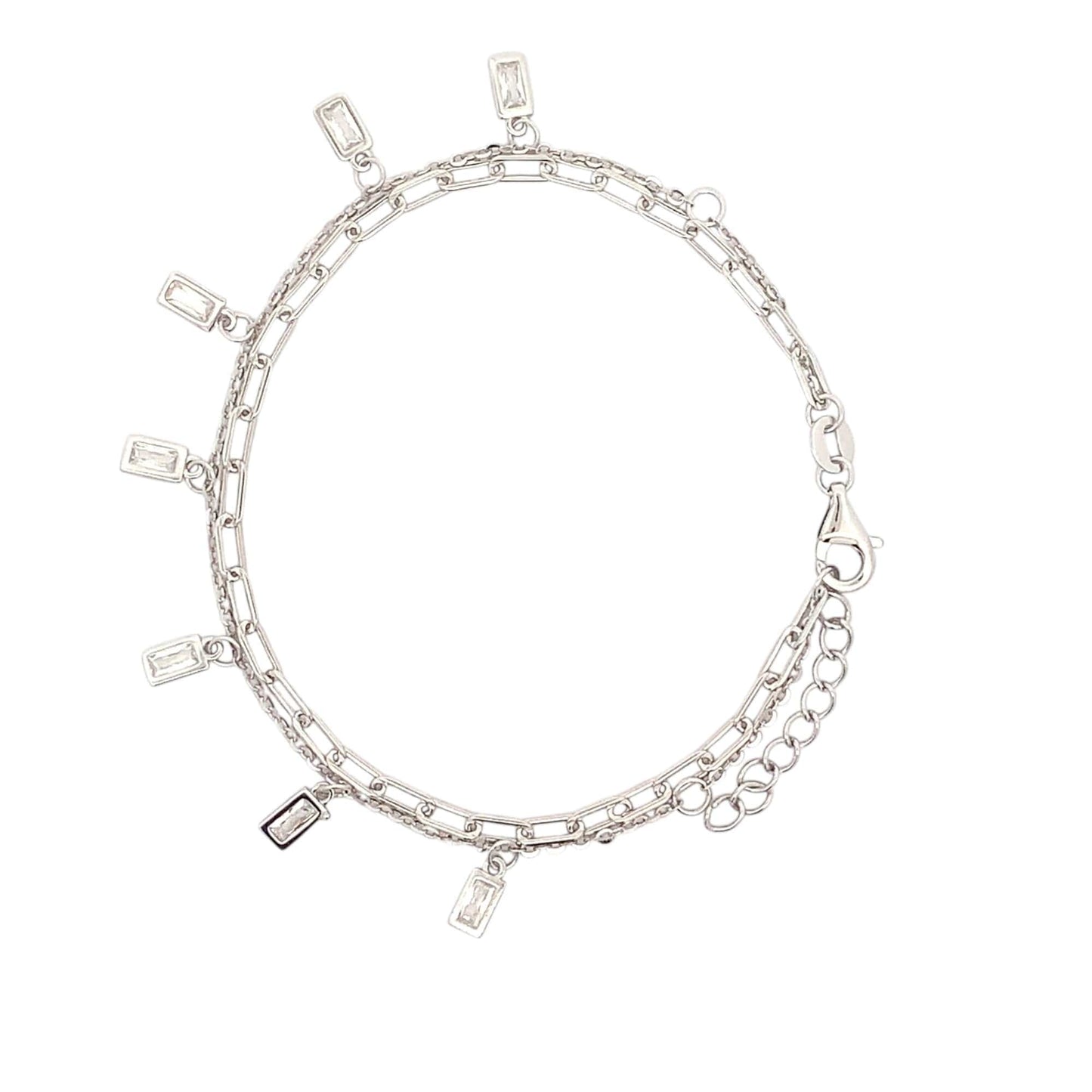 Double Layer Baguette Dangle Drop Bracelet (Pure Silver) - Silver