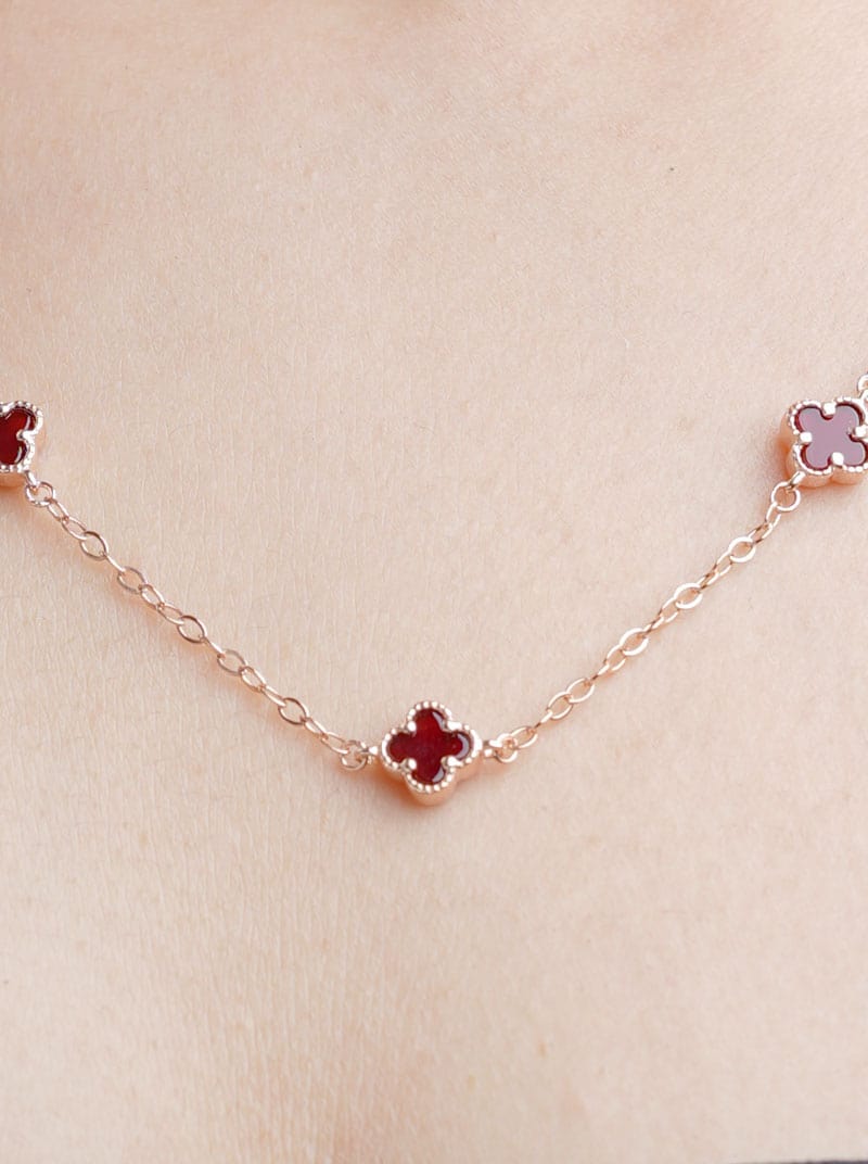 Maroon Multi Clover Pendant Chain Rose Gold