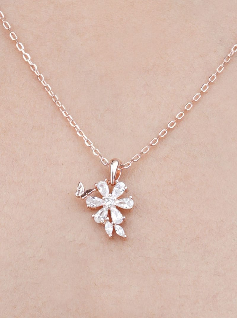 Flower with Tiny Butterfly Pendant Chain Rose Gold