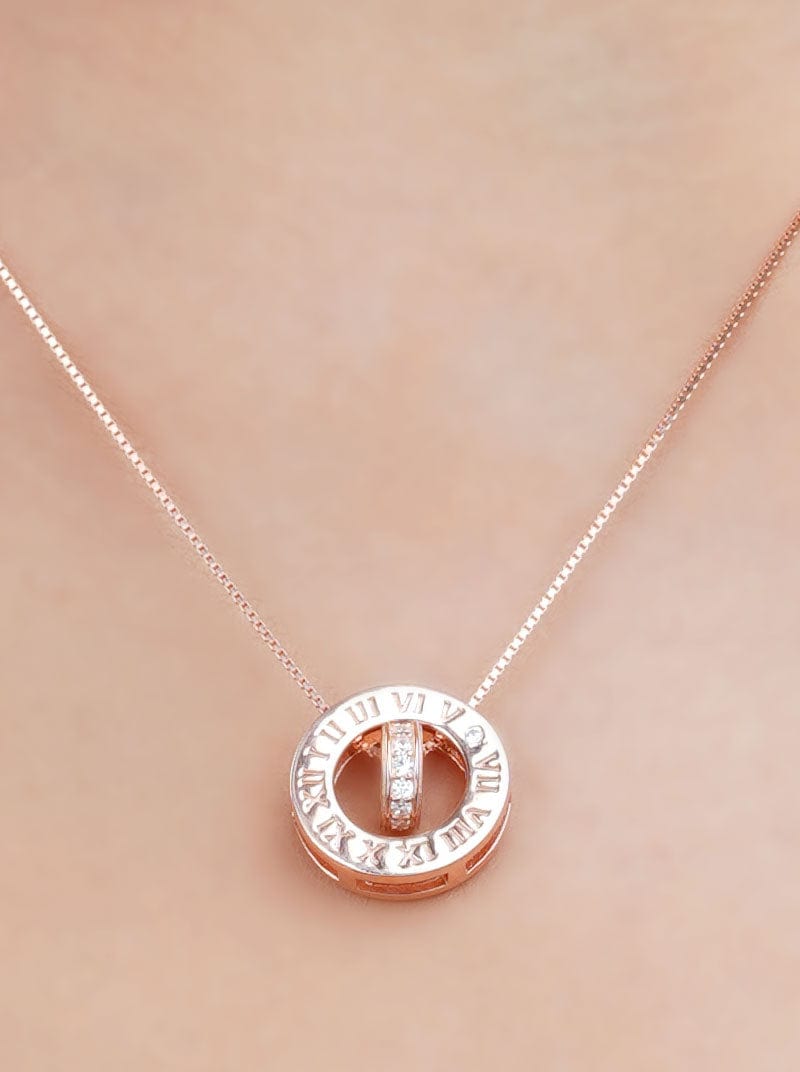 Zircon and Numeral Double Loop Pendant Chain Rose Gold