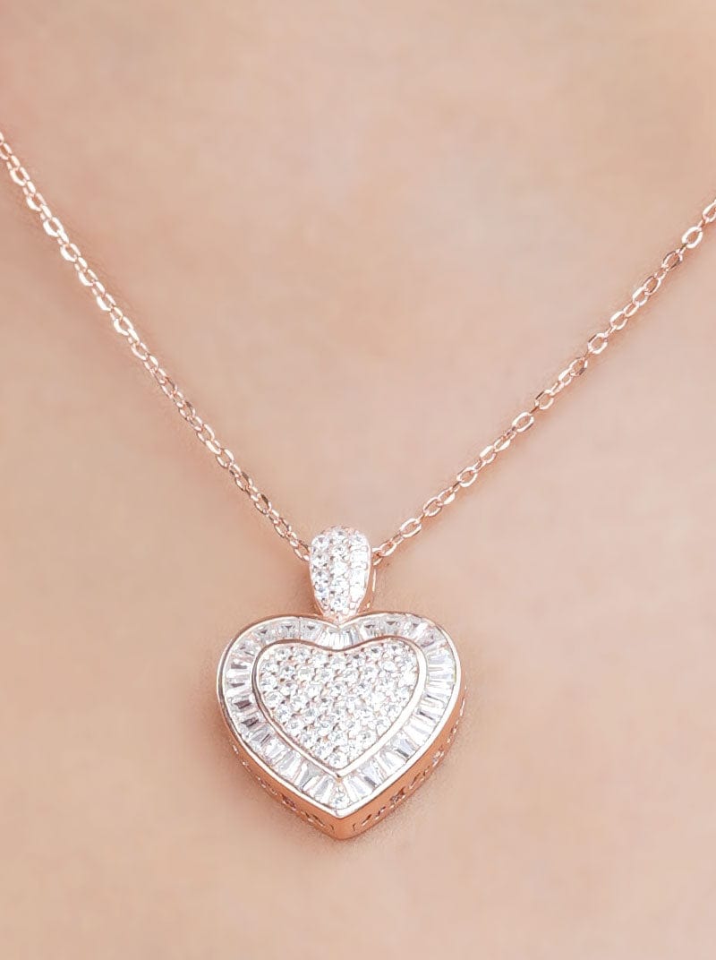 Baguette Big Heart Pendant Chain Rose Gold