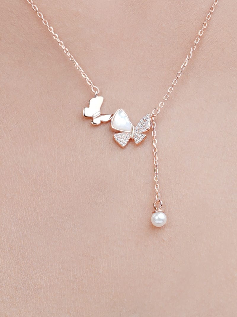 Duo Butterfly With Pearl Drop Pendant Chain (Pure Silver)
