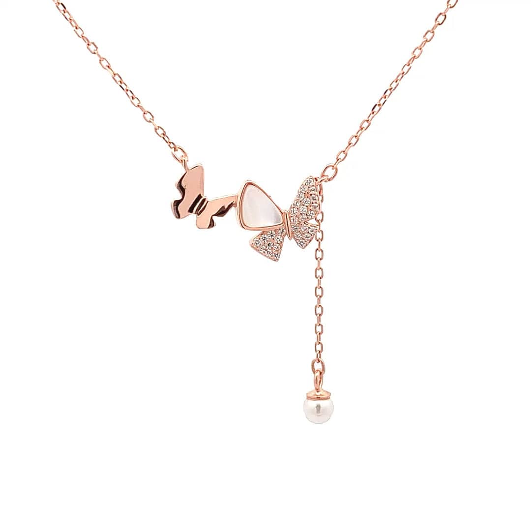 Duo Butterfly With Pearl Drop Pendant Chain (Pure Silver) - Rose Gold