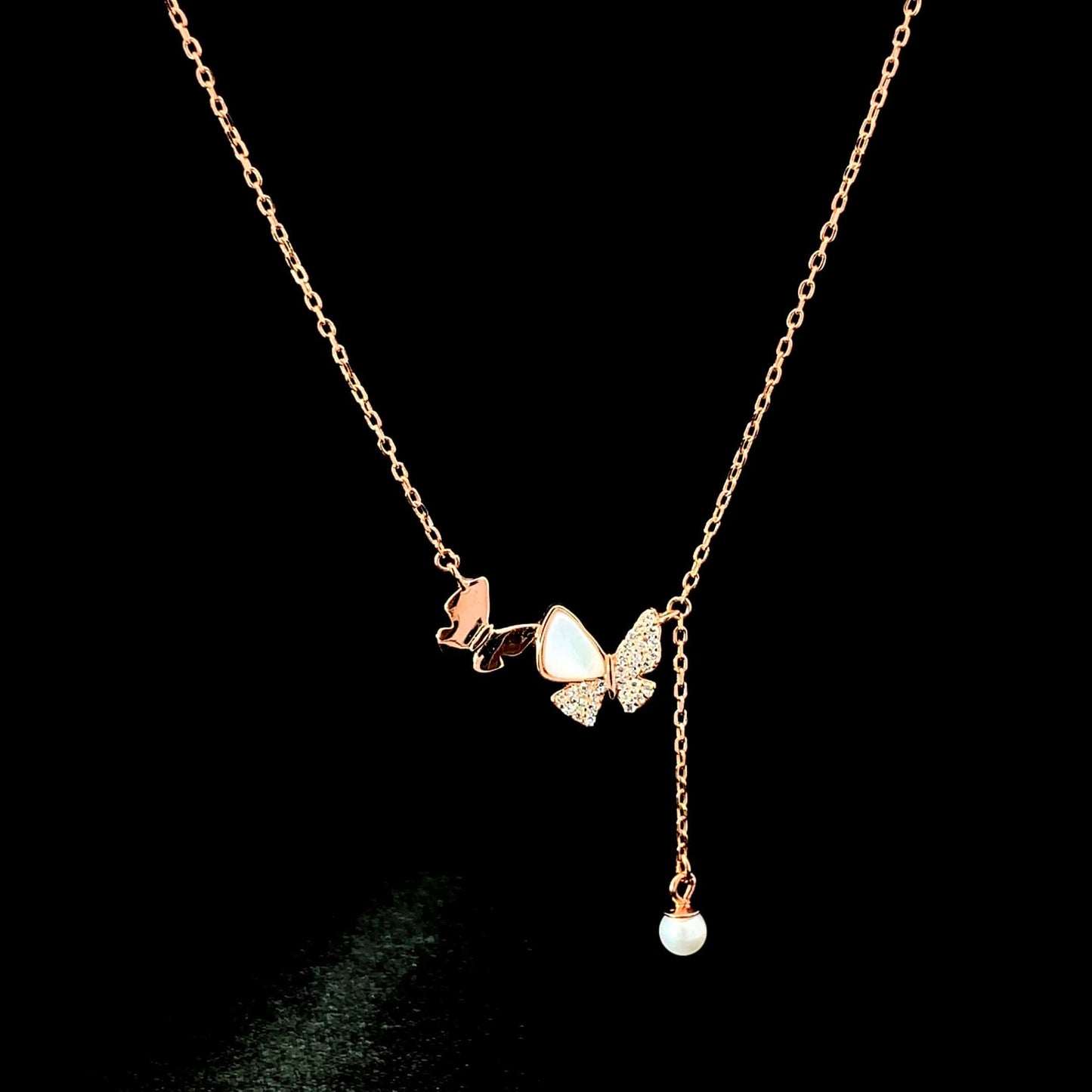 Duo Butterfly With Pearl Drop Pendant Chain Rose Gold
