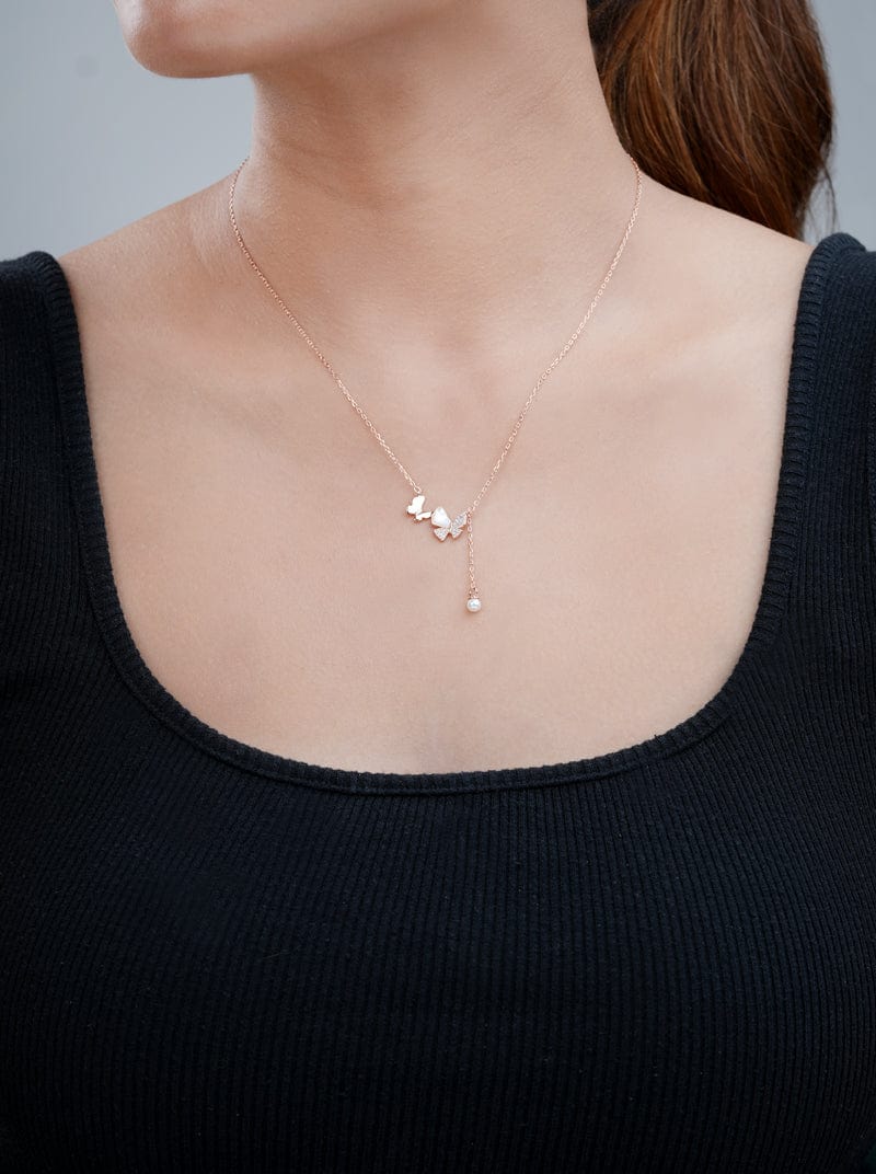 Duo Butterfly With Pearl Drop Pendant Chain (Pure Silver)