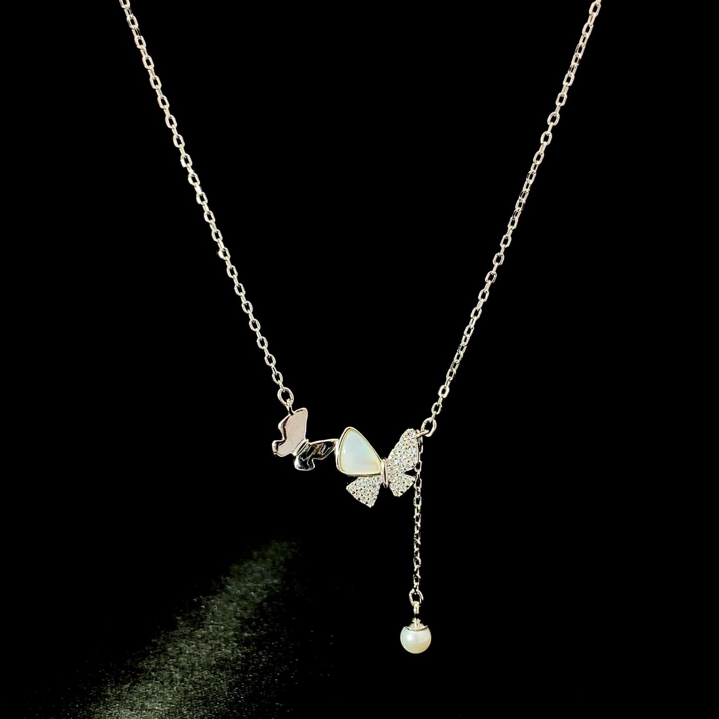 Duo Butterfly With Pearl Drop Pendant Chain Silver