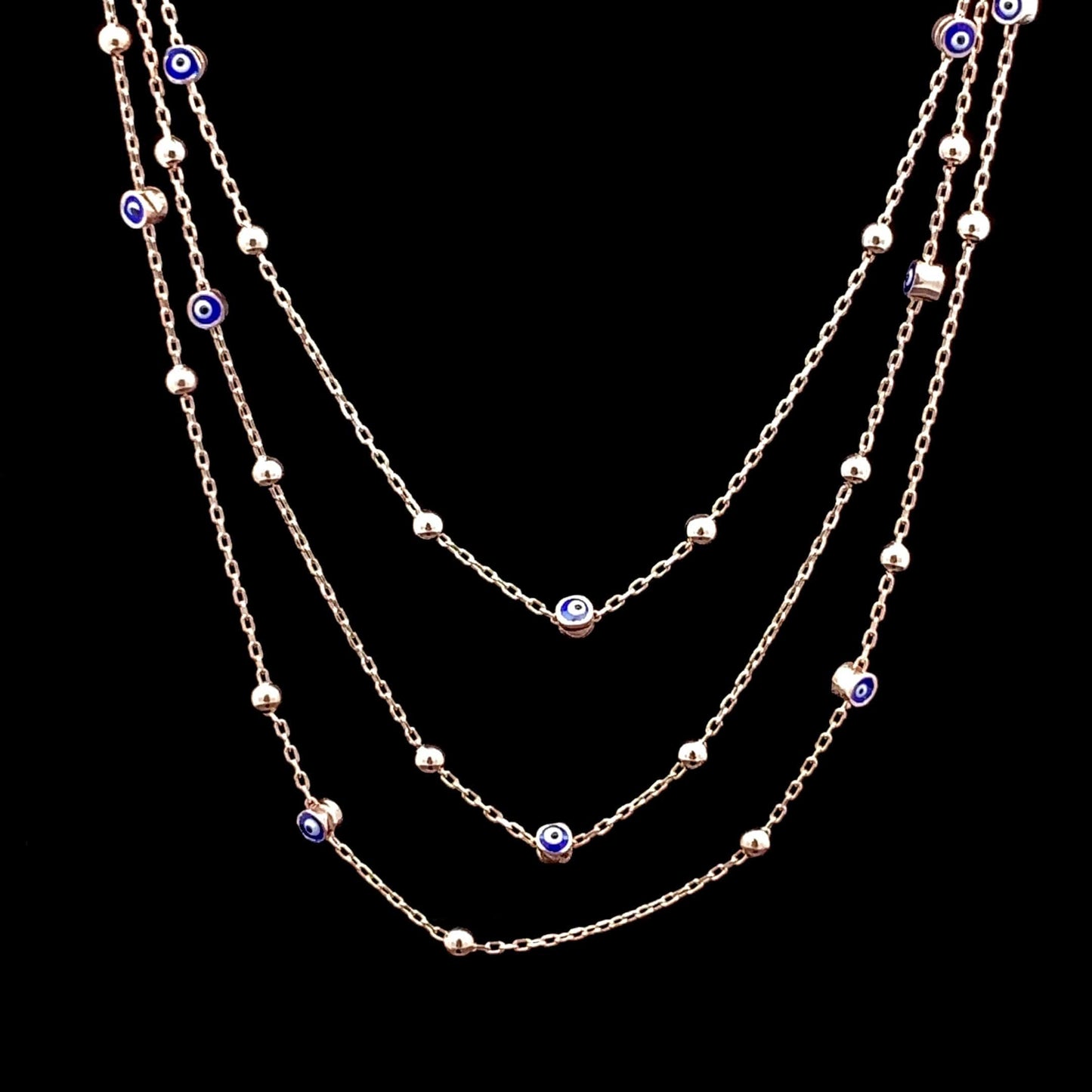 Triple Layer Cobalt Blue Mini Evil Eye Pendant Chain Rose Gold