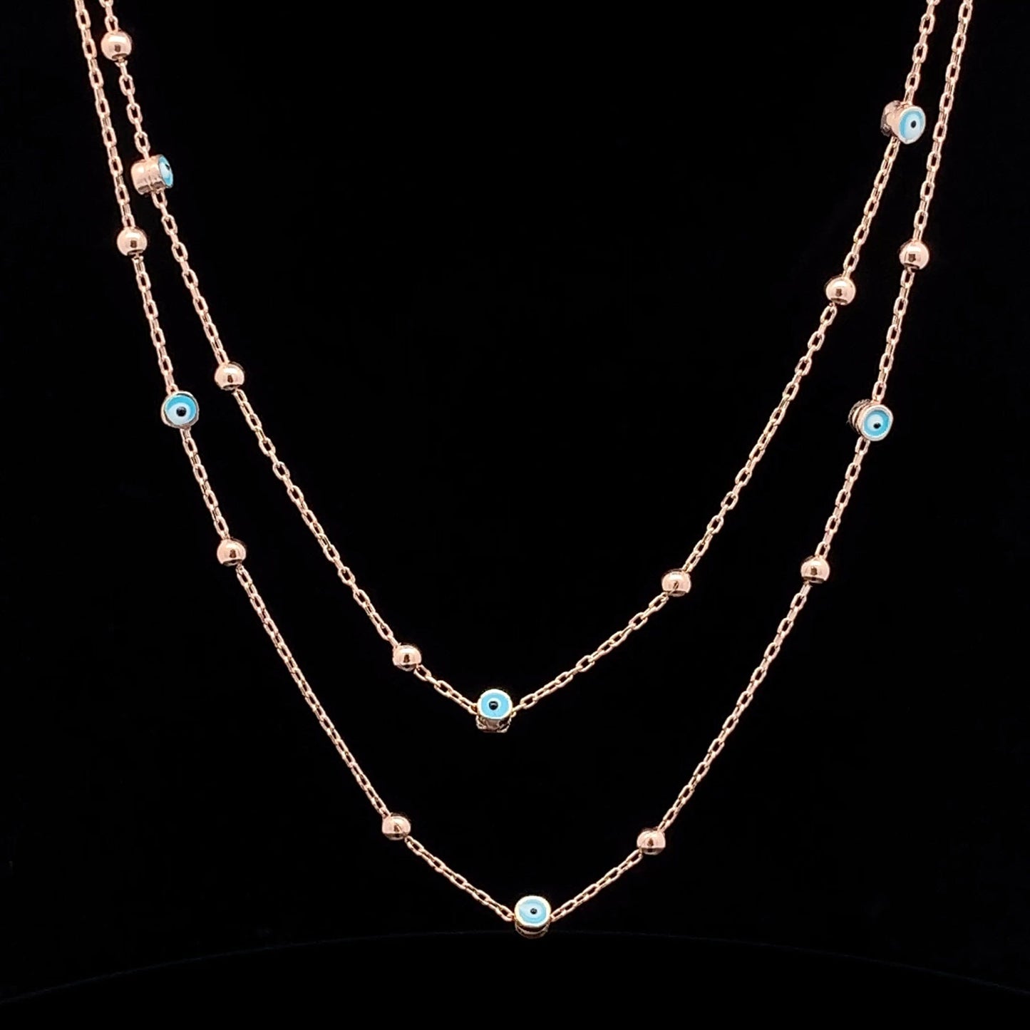 Double Layer Tiny Evil Eye Pendant Chain Rose Gold