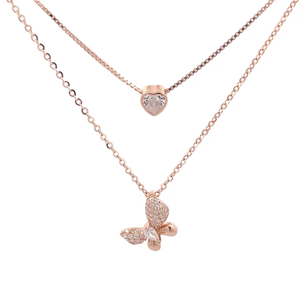 Sparkle Butterfly & Heart Pendant Chain (Pure Silver) - Rose Gold