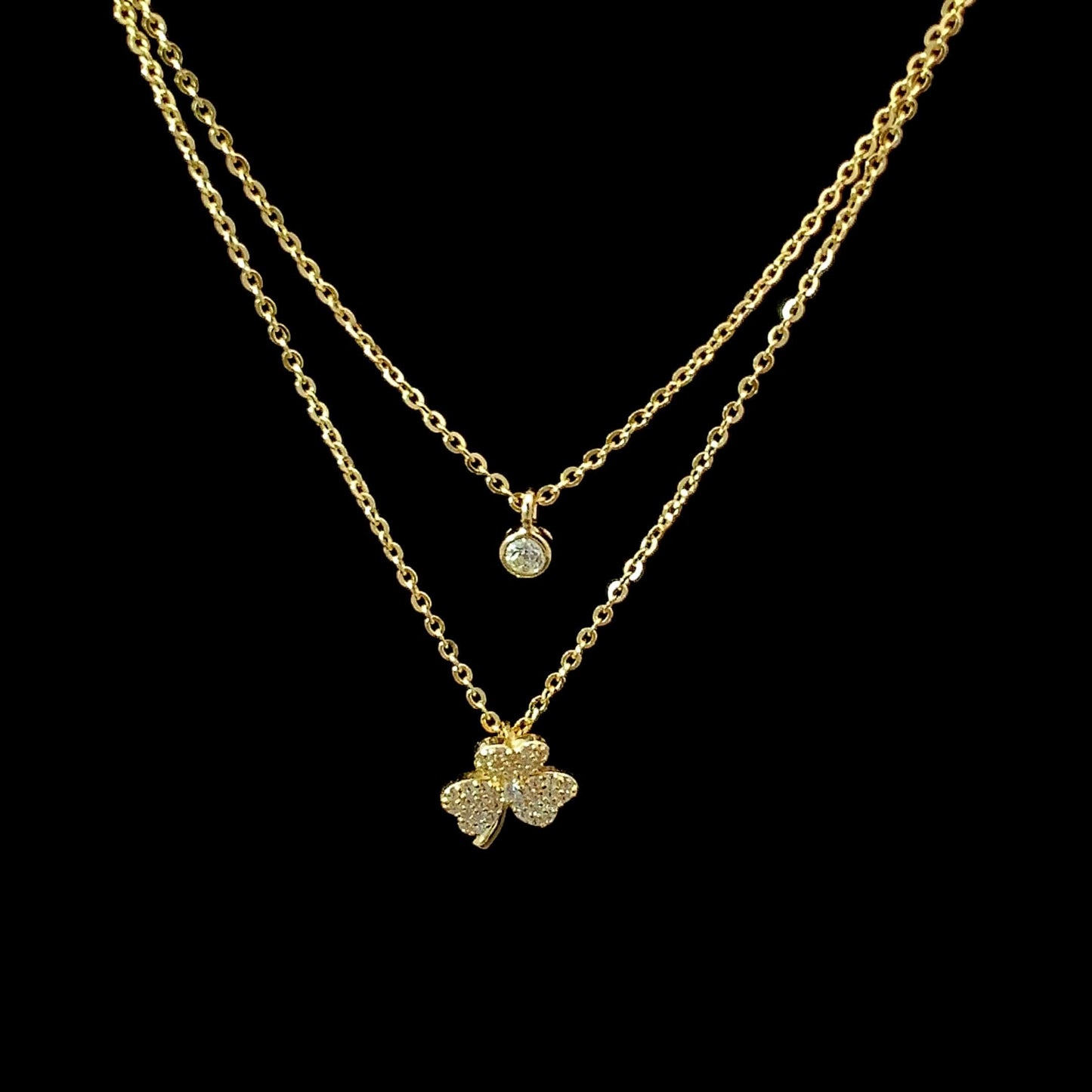 Double Layer three Leaf Clover Pendant Chain Gold