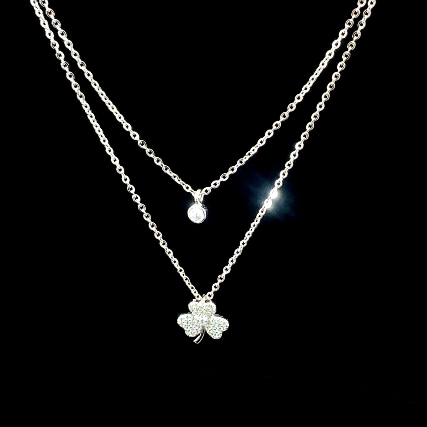 Double Layer three Leaf Clover Pendant Chain Silver