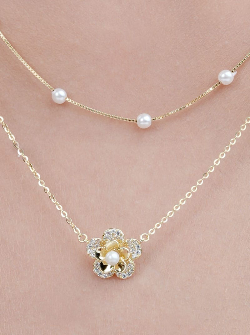 Double Layered Pearl Floral Pendant Chain (Pure Silver)