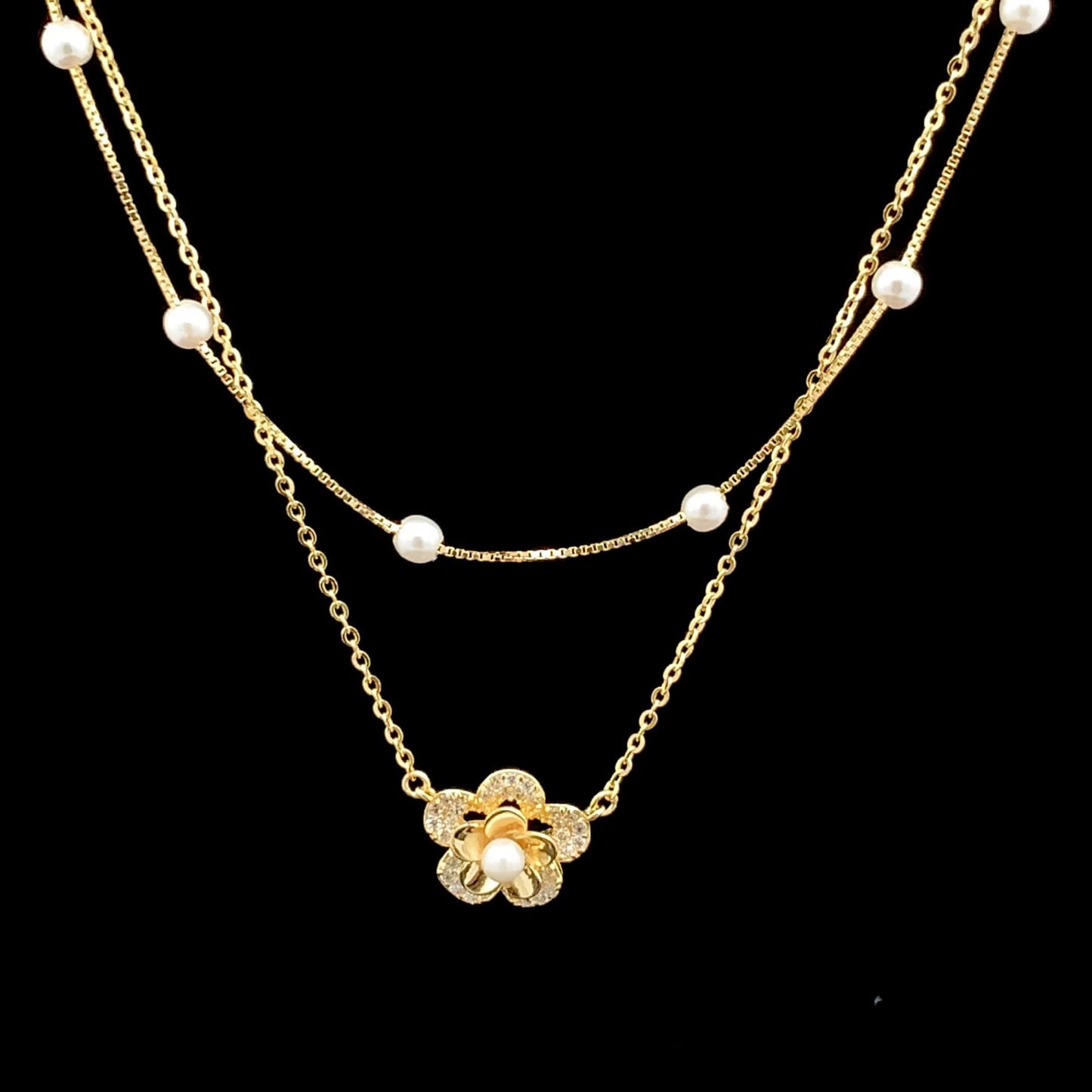 Double Layered Pearl Floral Pendant Chain Gold