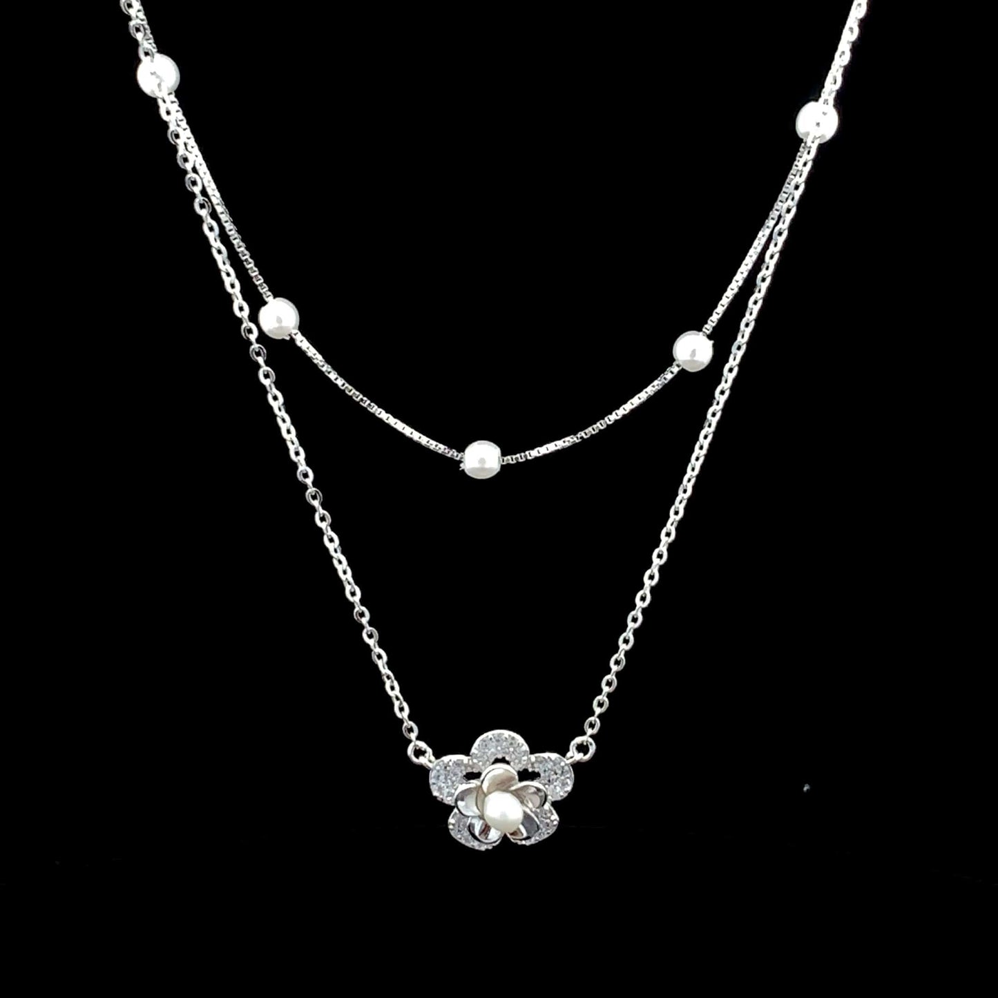 Double Layered Pearl Floral Pendant Chain Silver