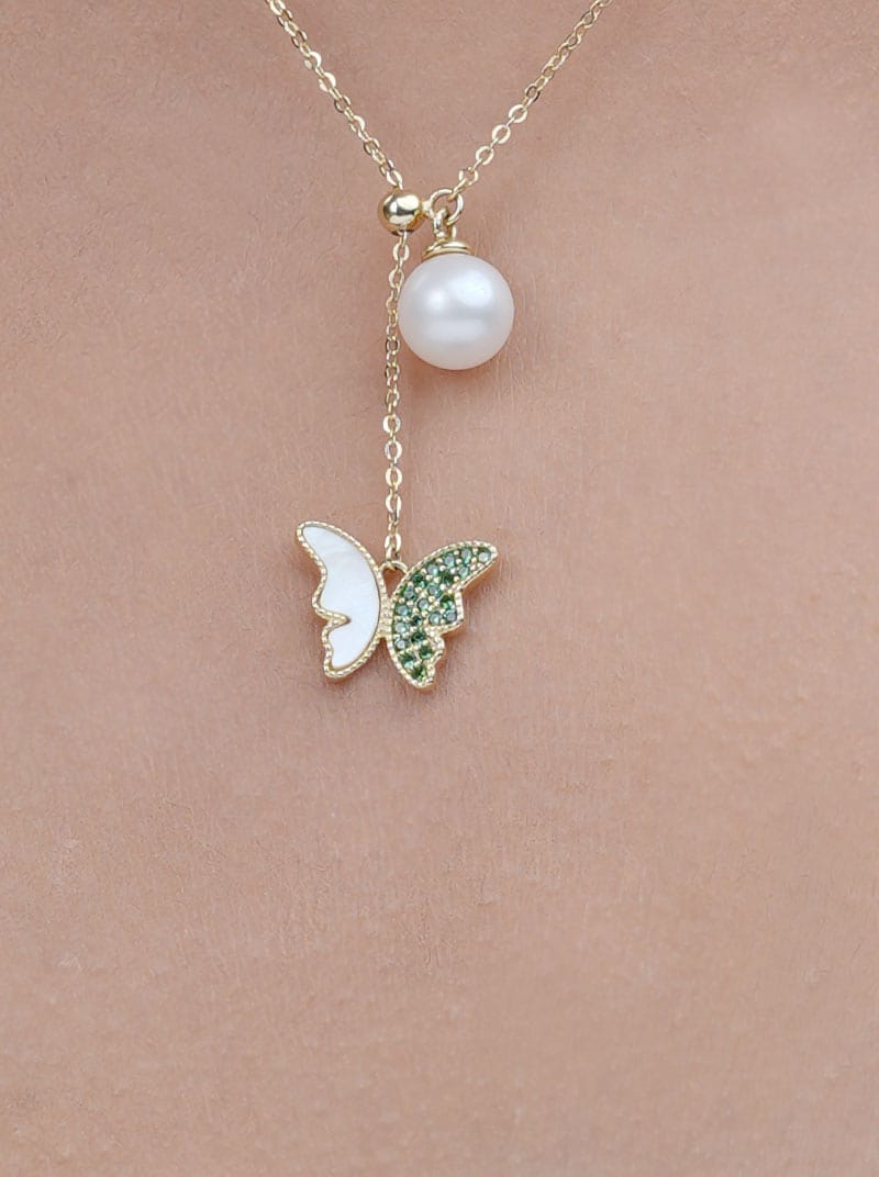 Green Butterfly Pearl Drop Pendant Chain (Pure Silver) - Gold