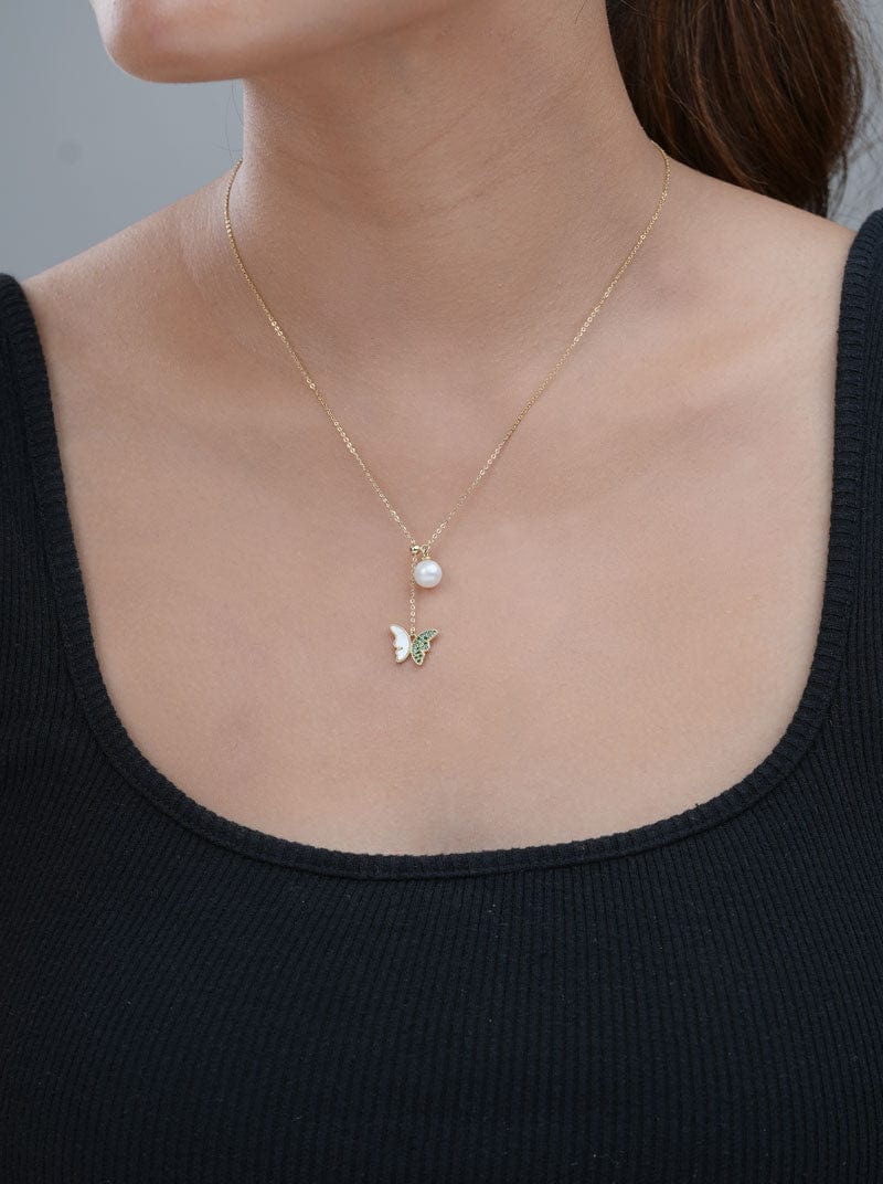 Green Butterfly Pearl Drop Pendant Chain (Pure Silver) - Gold
