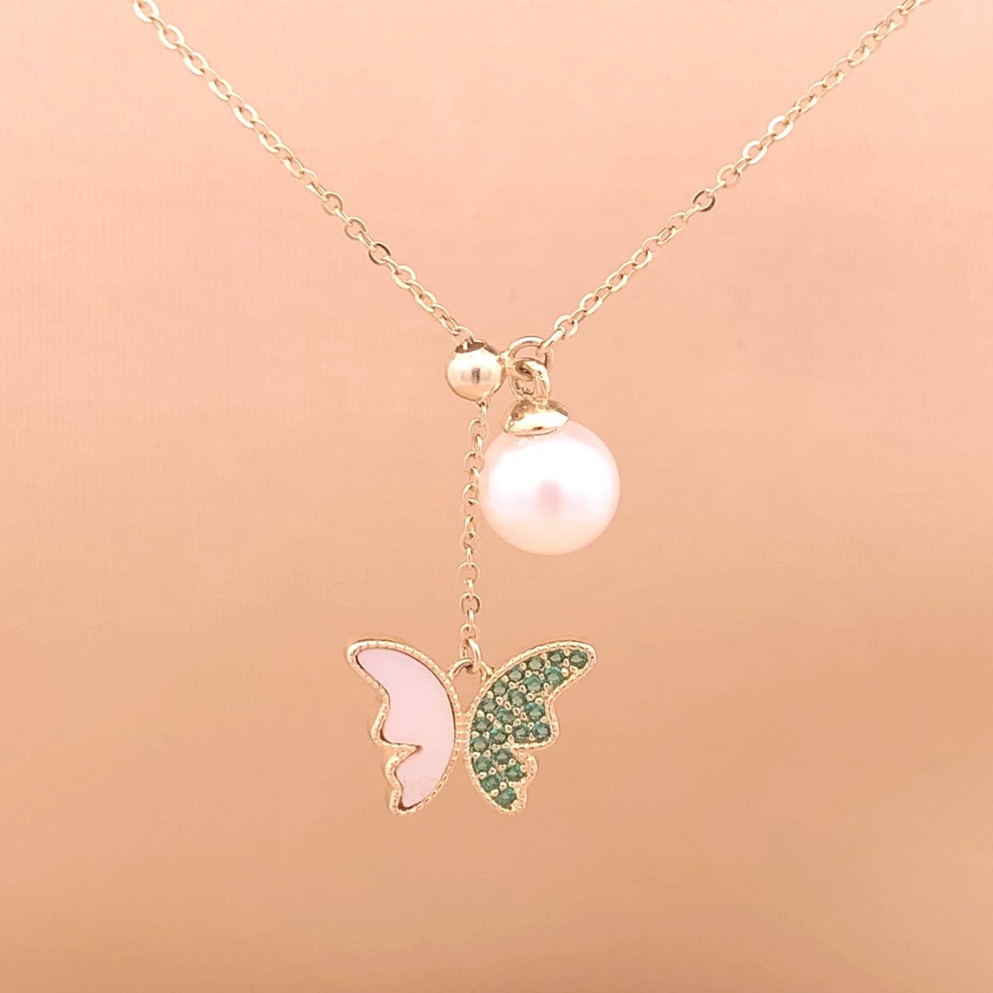 Green Butterfly Pearl Drop Pendant Chain (Pure Silver) - Gold