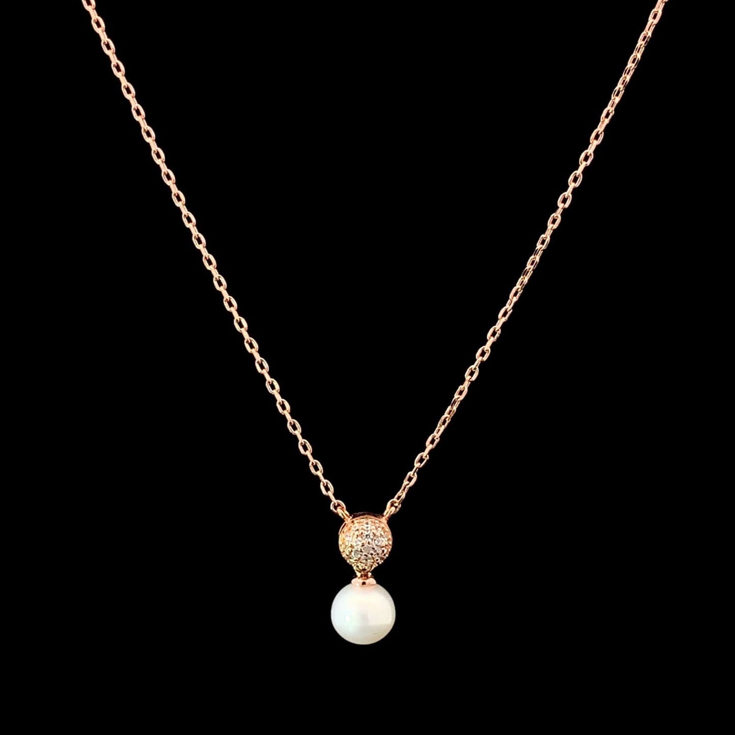 Pave Pearl Drop Pendant Chain Rose Gold