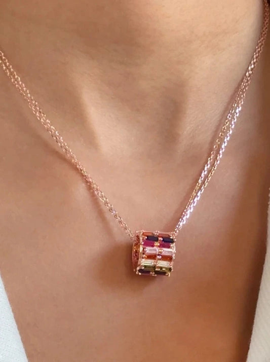 Rainbow Baguette Roll Pendant Chain (Pure Silver) - Rose Gold