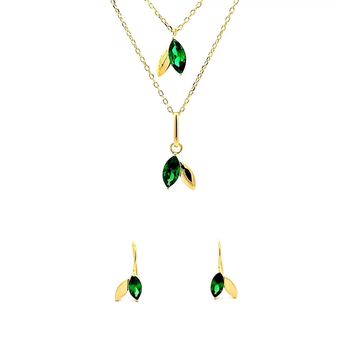 Green Leafy Sparkle Necklace Set (Pure Silver) - Gold