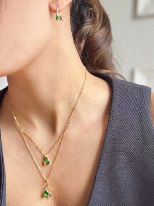 Green Leafy Sparkle Necklace Set (Pure Silver) - Gold