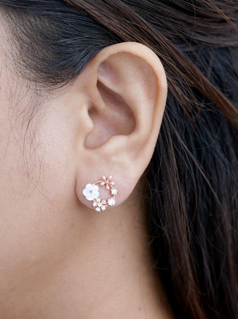 Circle Flower & Floral Butterfly Stud Earrings Rose Gold