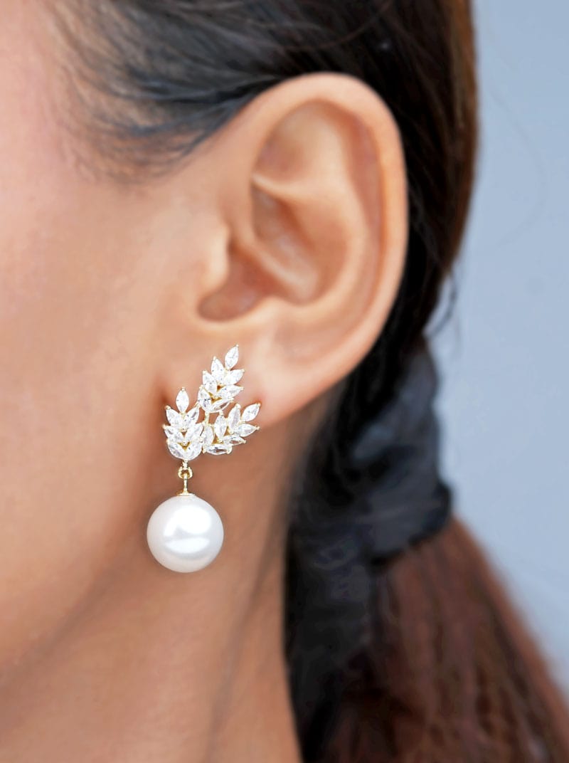 Leaves and Pearl Drop Earrings Gold