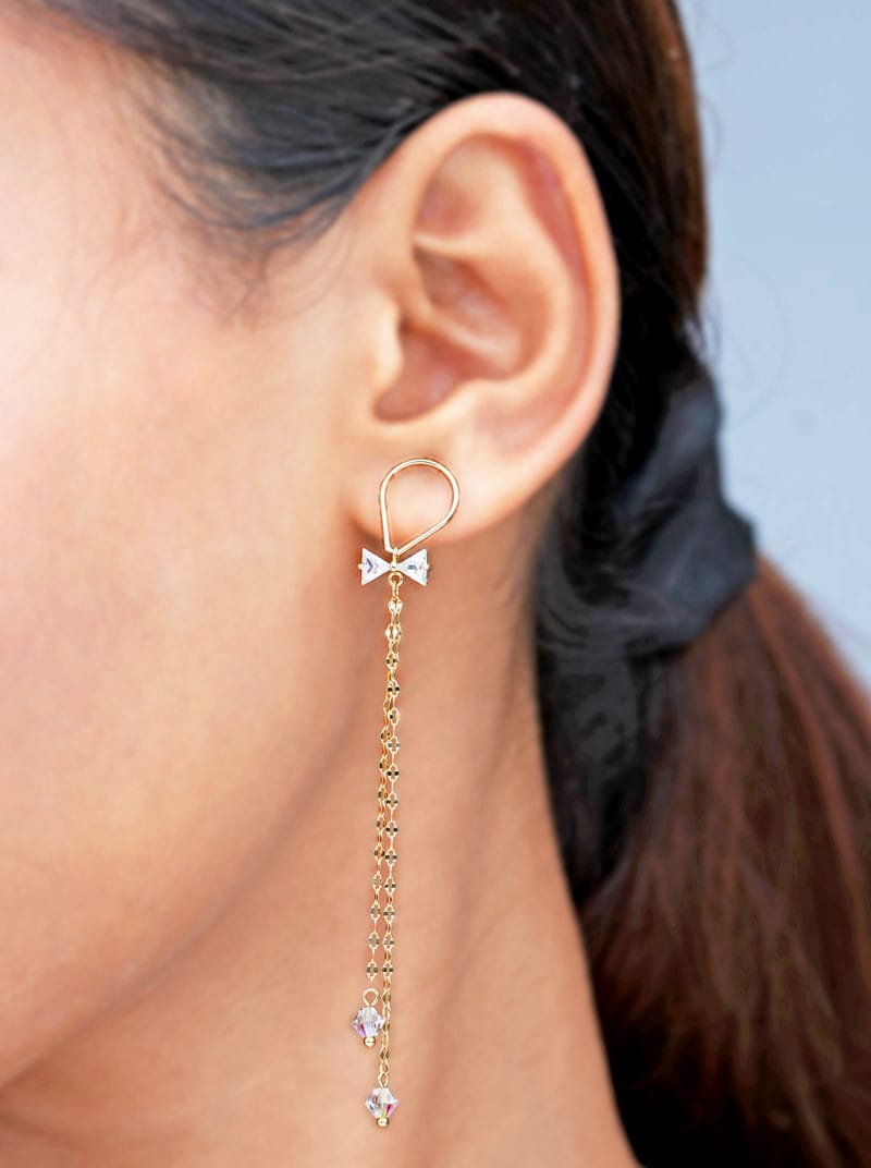 Studded Bow Tassel drop Earrings Gold