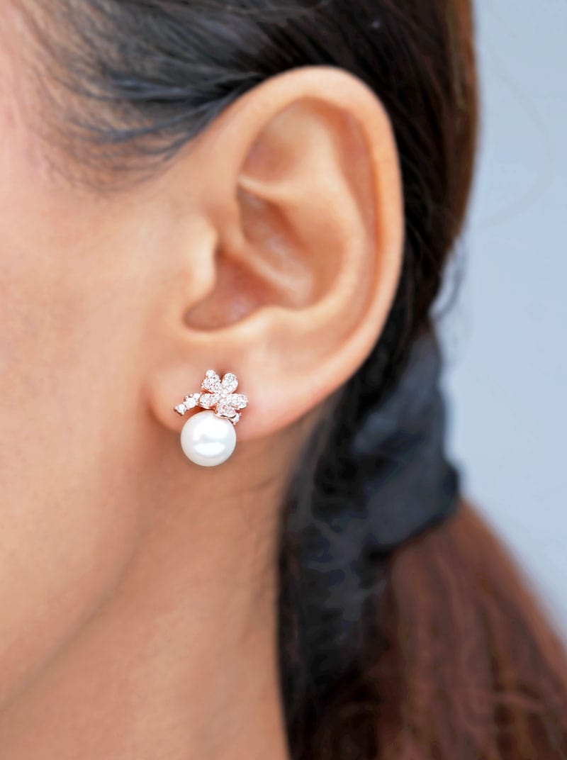 Pearl Cherry Blossom Stud Earrings Rose Gold