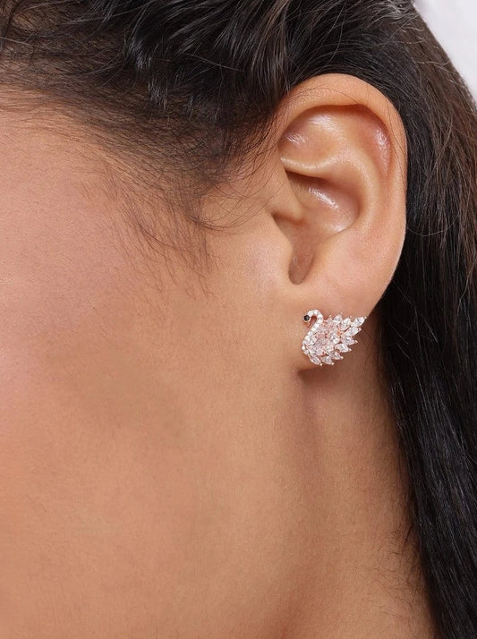 Flaunting Swan Stud Earrings (Pure Silver) - Rose Gold