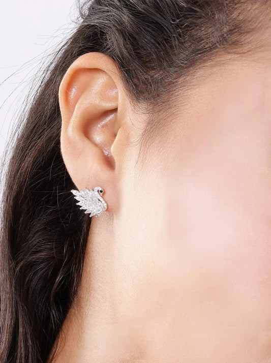 Flaunting Swan Stud Earrings (Pure Silver) - Silver