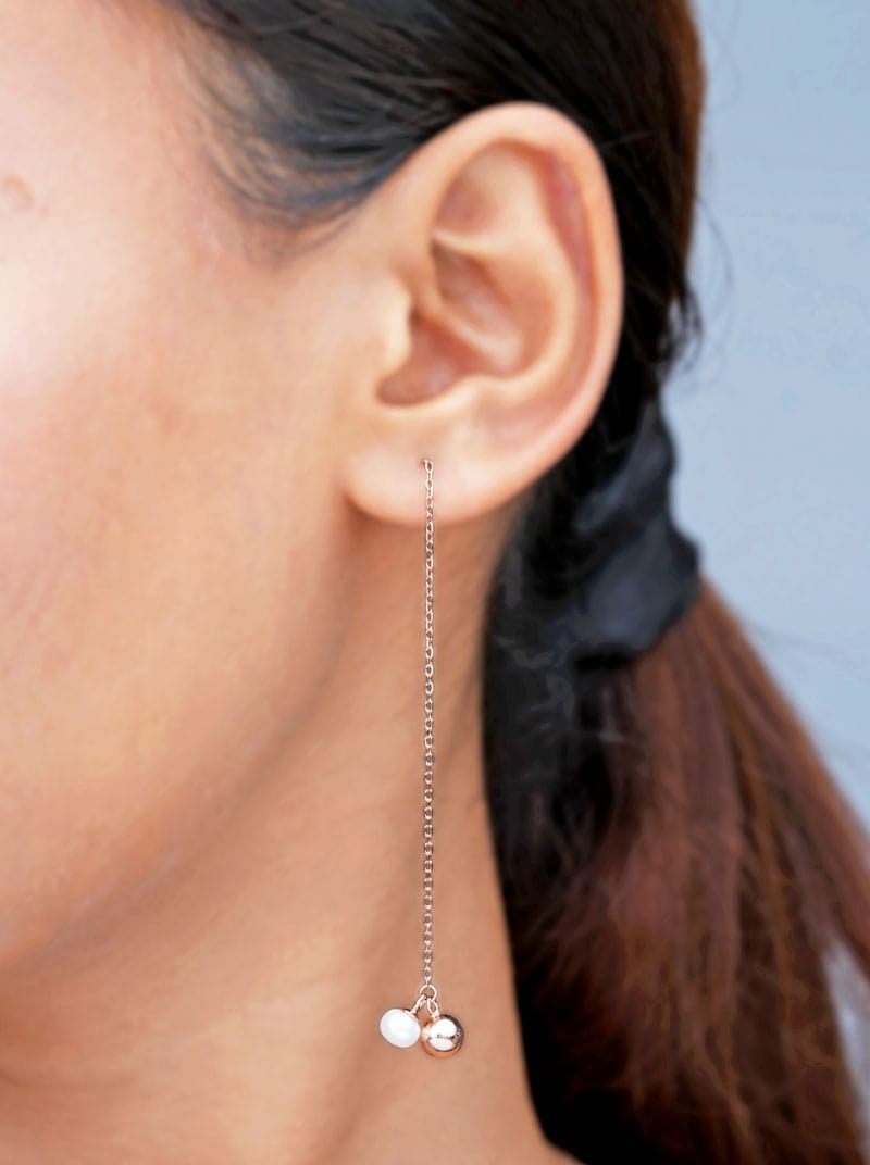 Pearl & Ball Beads Threader Earrings Rose Gold