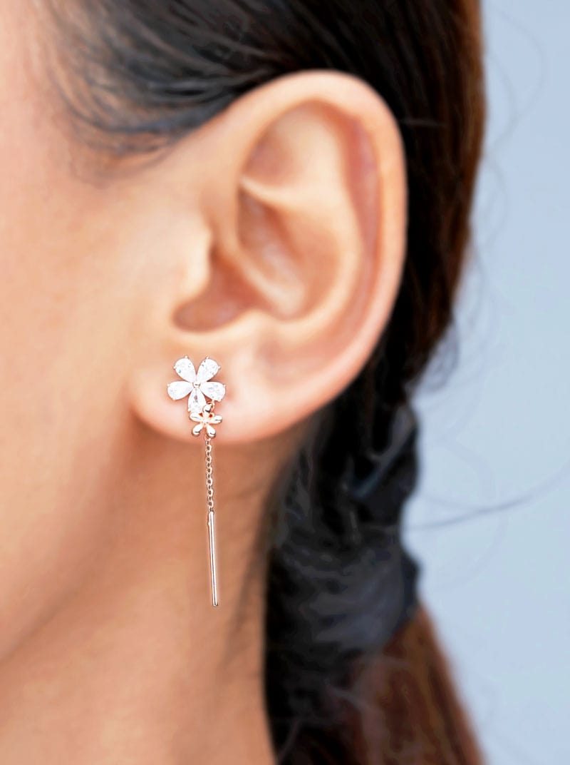 Floral Threader Drop Earrings Rose Gold