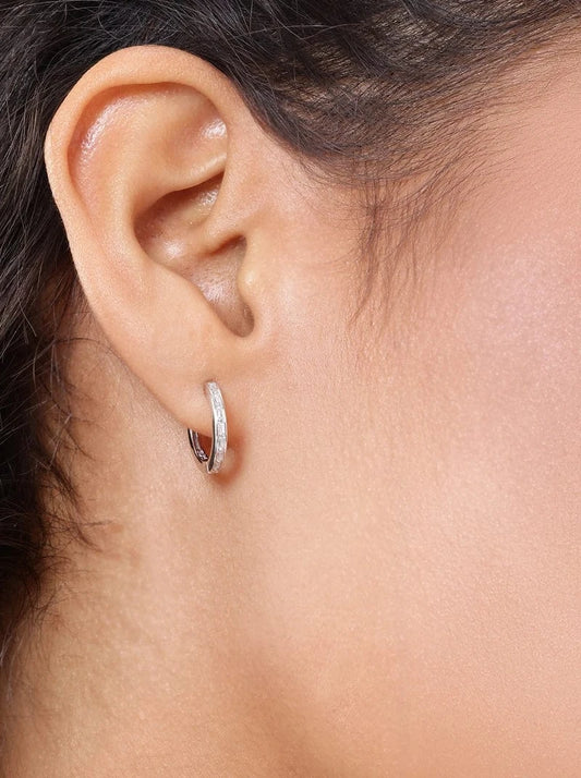 Baguette Cut Circle Huggie Earrings (Pure Silver) - Silver