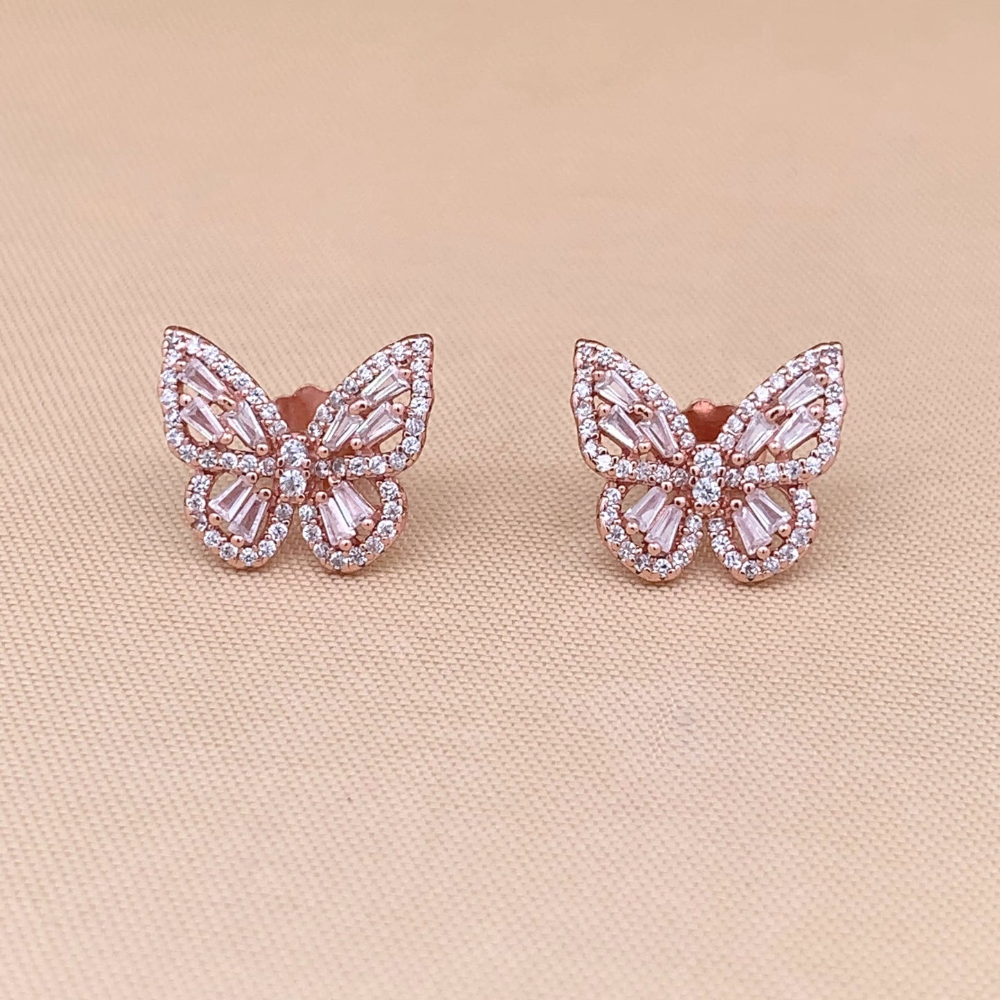 Baguette Butterfly Stud Earrings (Pure Silver) - Rose Gold