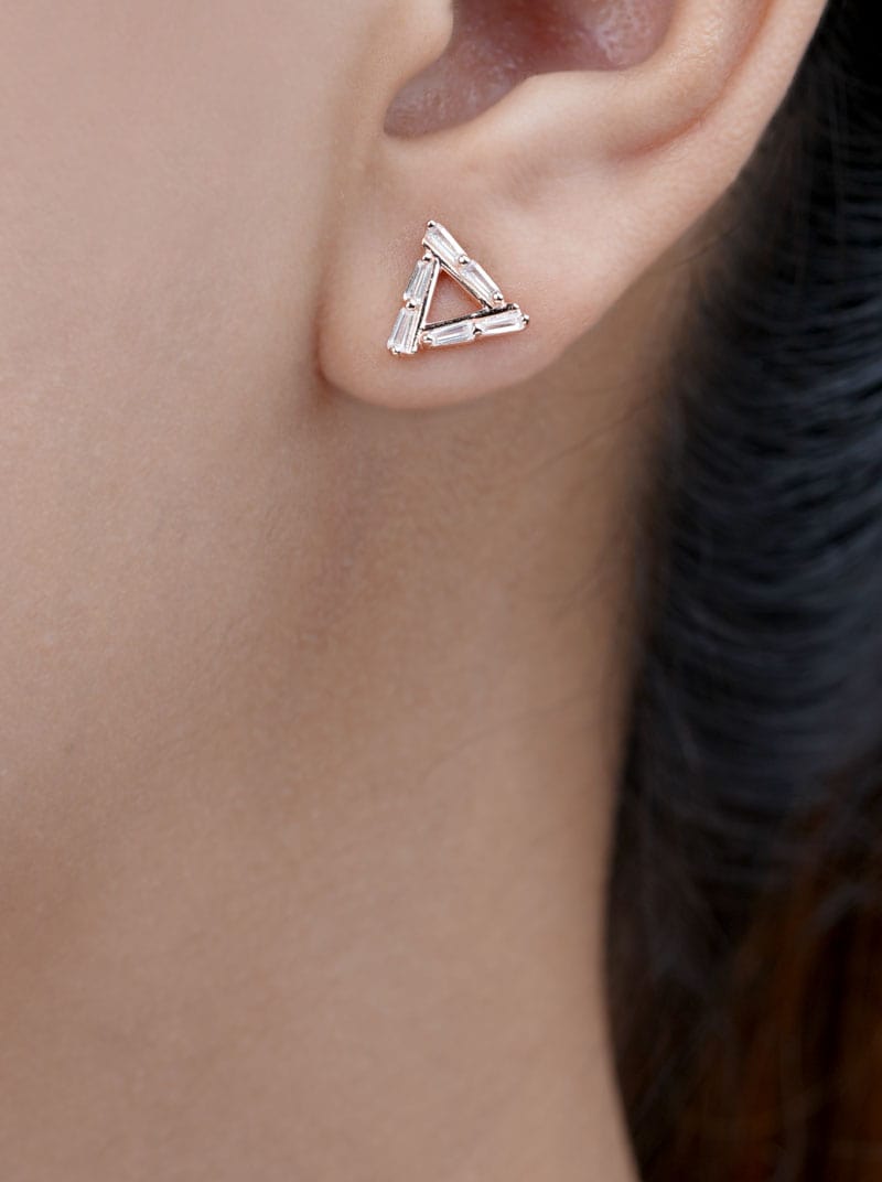 Baguette Triangle Stud Earrings (Pure Silver) - Rose Gold