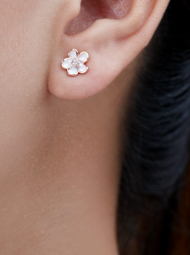 White Petal Stud Earrings (Pure Silver) - Rose Gold