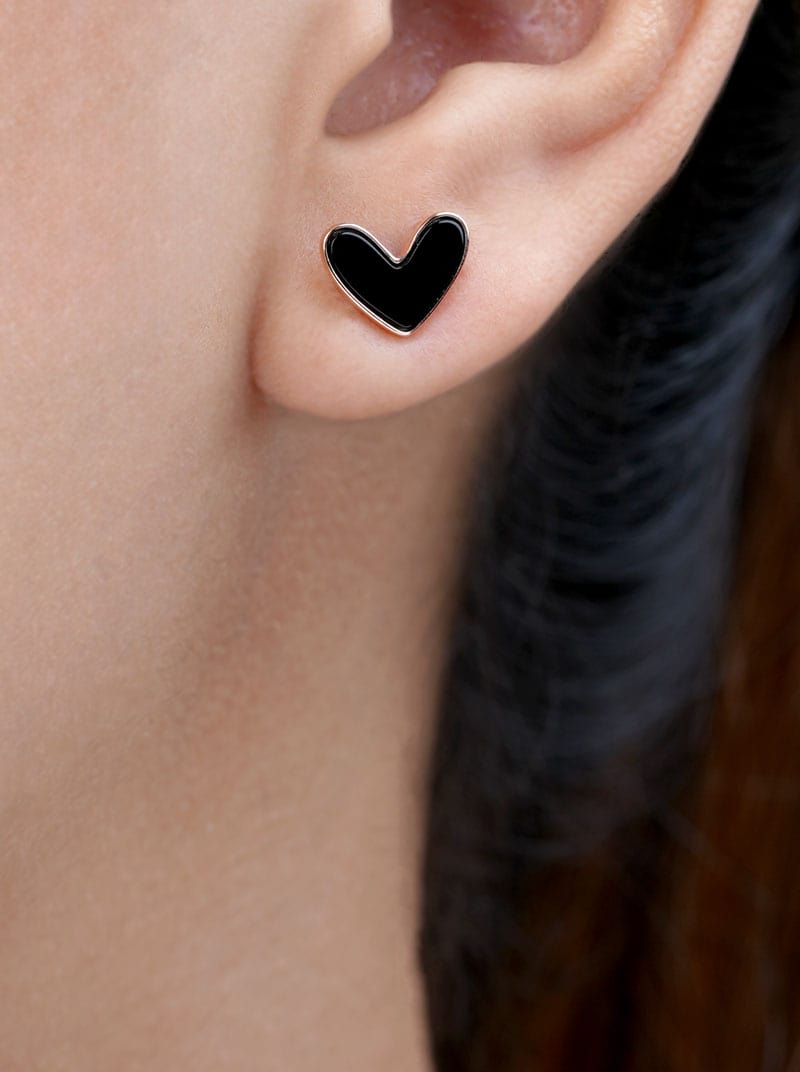 Black Heart Stud Earrings (Pure Silver) - Rose Gold
