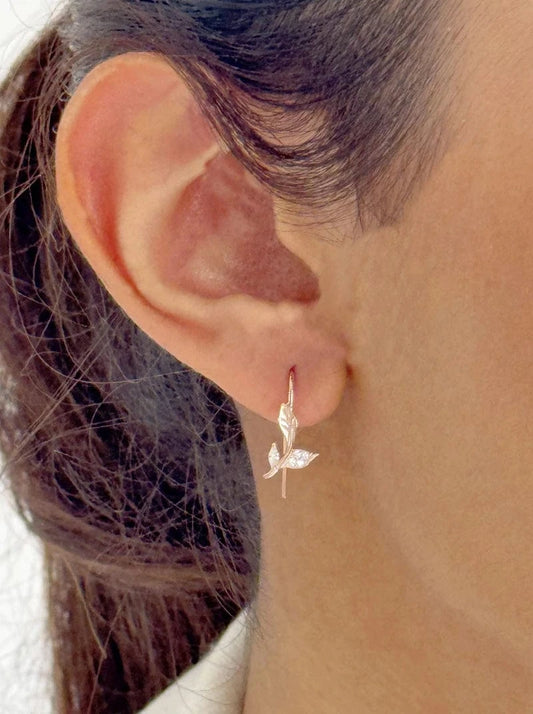 Tiny Leaf Hook Earrings (Pure Silver) - Rose Gold
