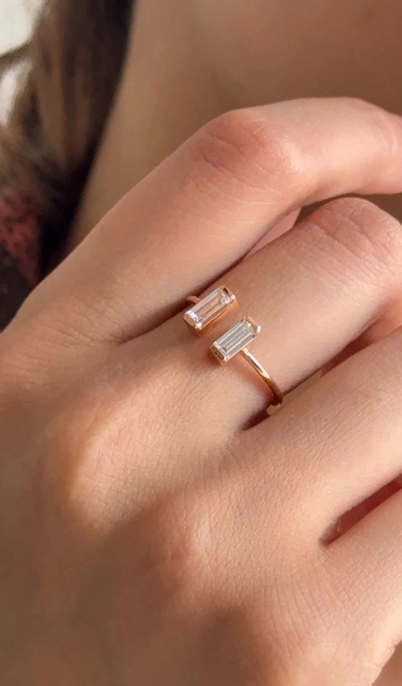 Crystal Baguette Open Ring (Pure Silver) - Rose Gold