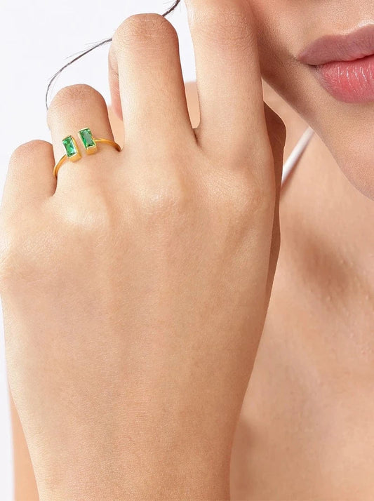 Mystic Green Baguette Open Ring (Pure Silver) - Gold