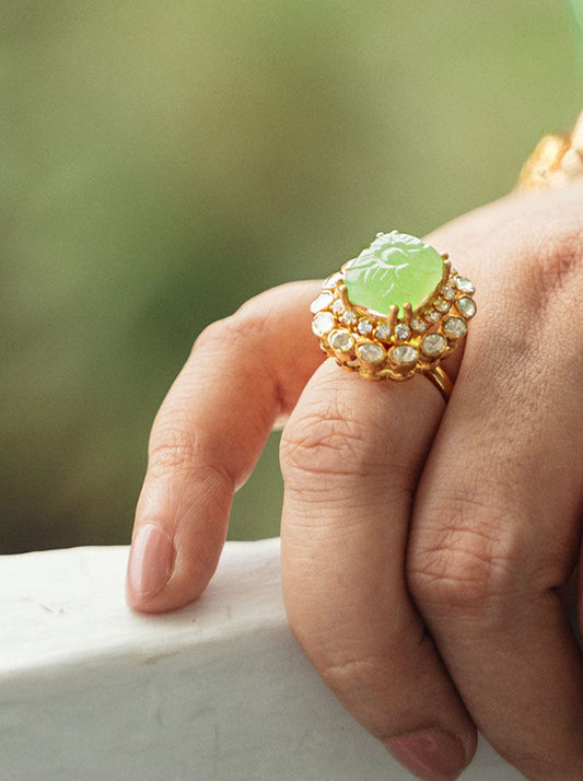Majestic Polki Kundan Ring (Pure Silver) - Green
