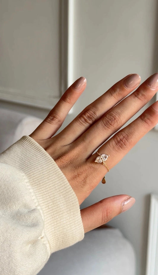 Twin Heart Adjustable Chain Ring (Pure Silver) - Gold