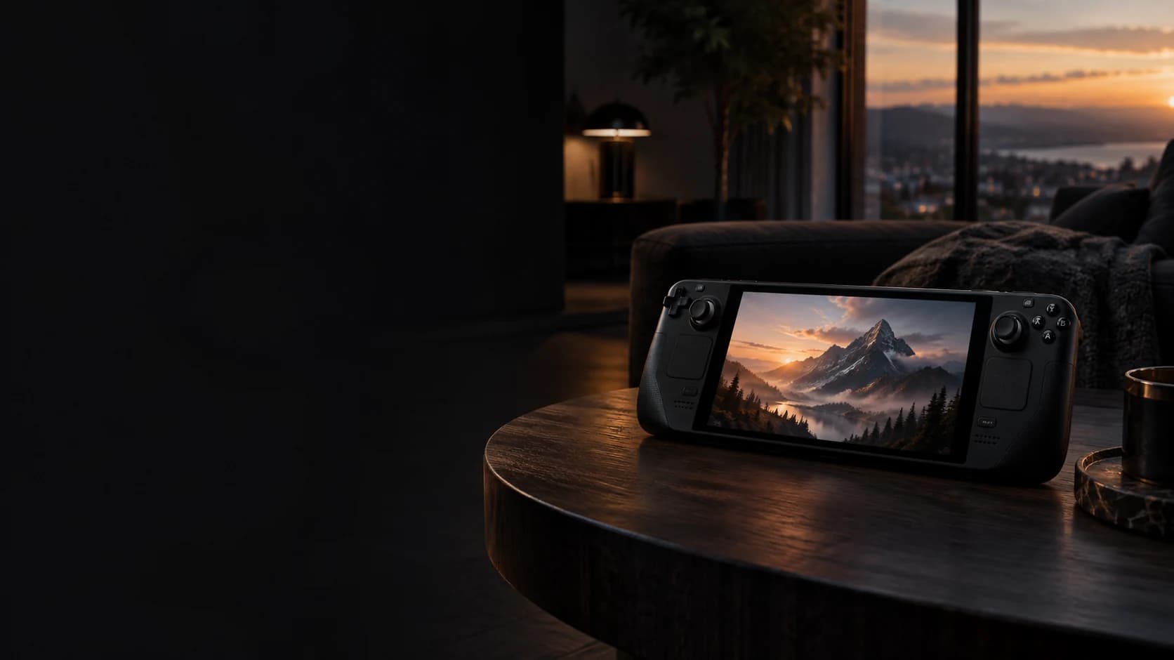 Handheld gaming console on an oak table in a warm evening living room