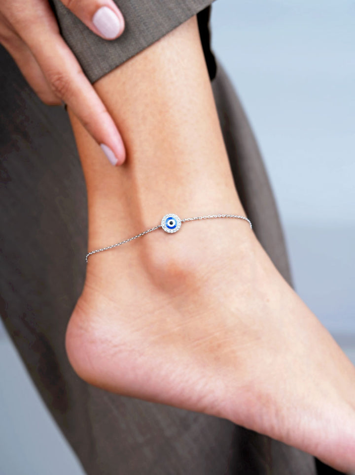 Round Blue Enamel Evil Eye Single Anklet Silver